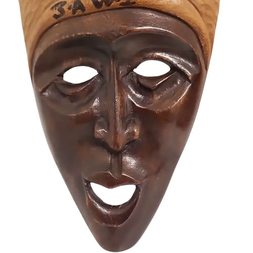 Signed Artisan Hand Carved African Tribal Brown and Tan Face Mask Wall Art 13